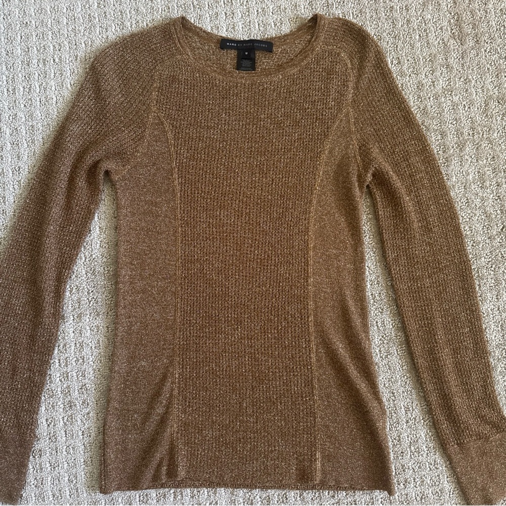 Marc by Marc Jacobs Womens Medium M Metallic Tarnished Brass Knit Sweater Crew
